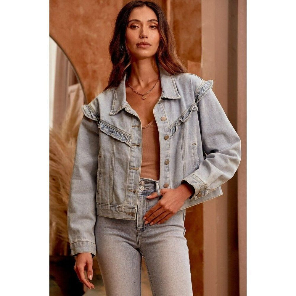 Andree by Unit Savanna Jane Ruffle Light Wash Denim Jacket Women's 18956-DENIM